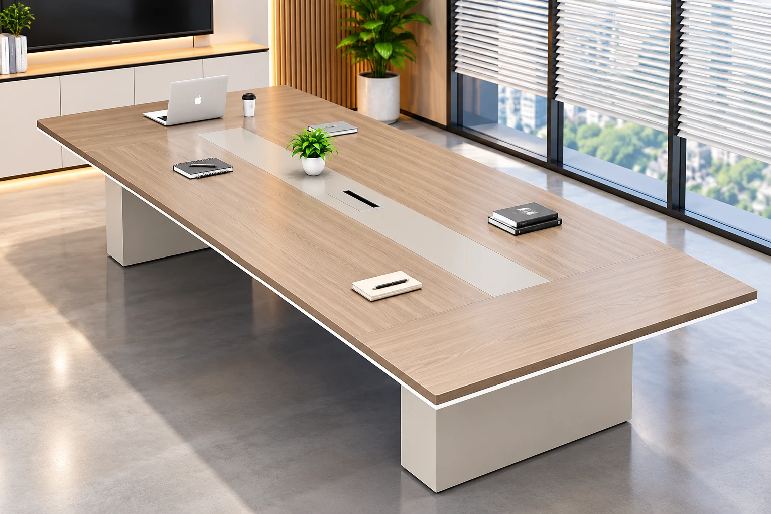 Conference table in a boardroom with a city view