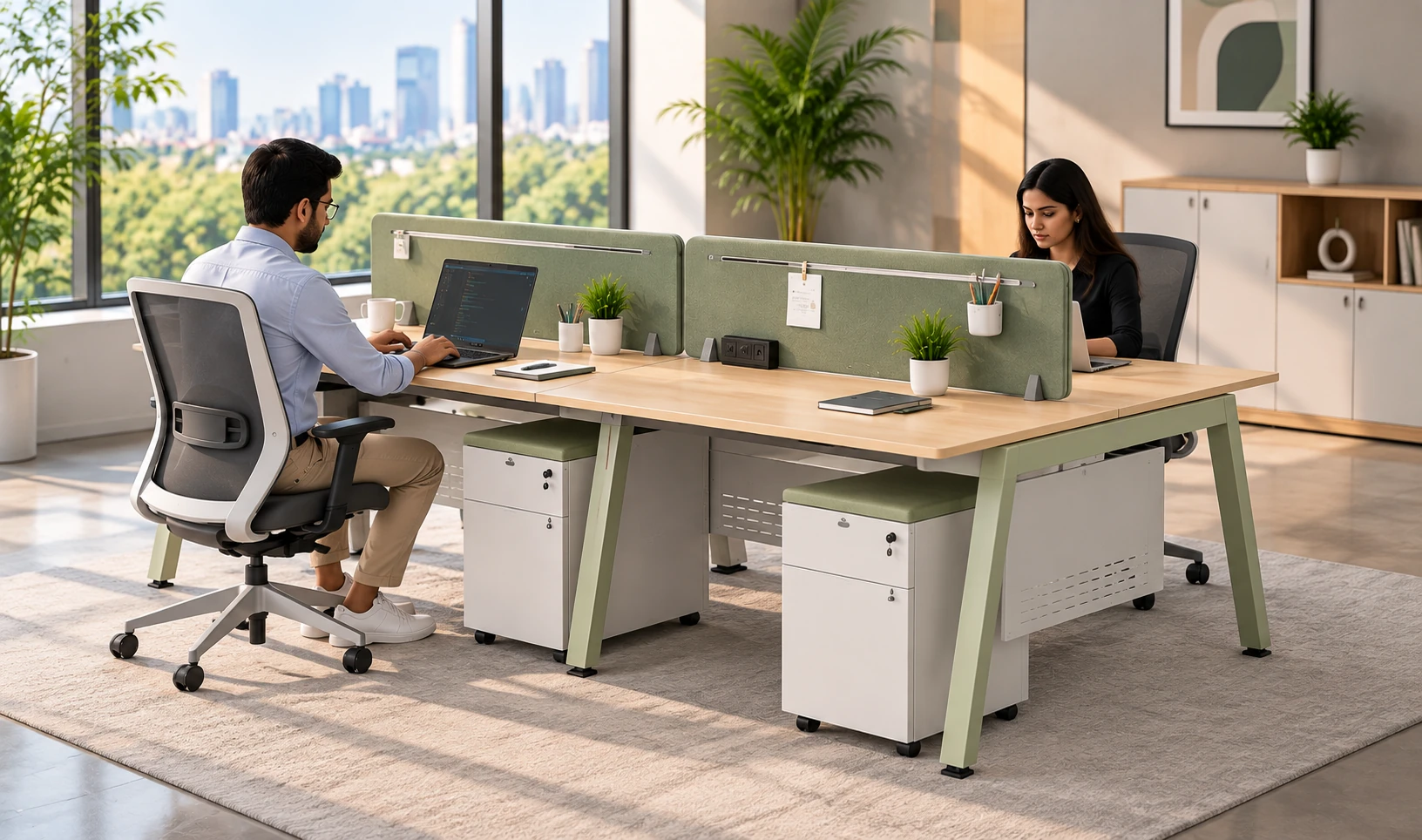 Two colleagues working at modular workstations in a bright office