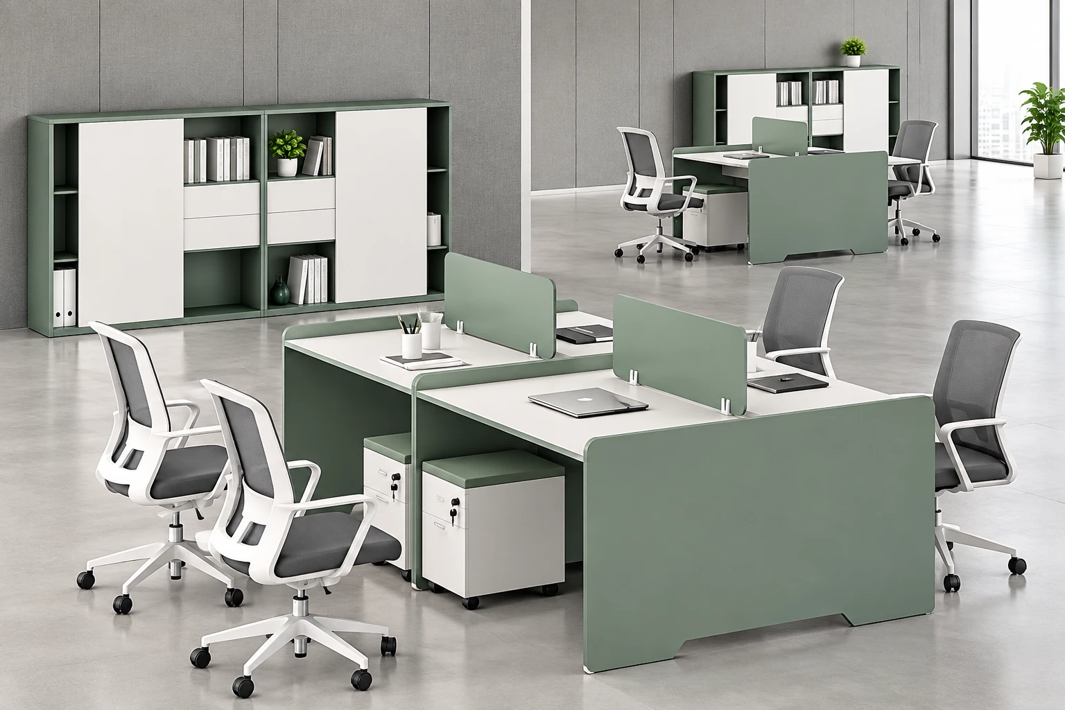 Open workstations with storage in a bright office