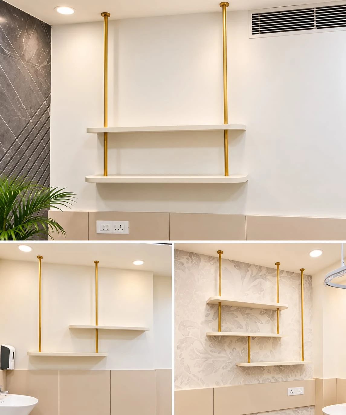 Cream display shelves hung from gold-finish poles